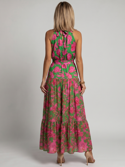 Draperet midikjole i rosa med elegant halterneck
