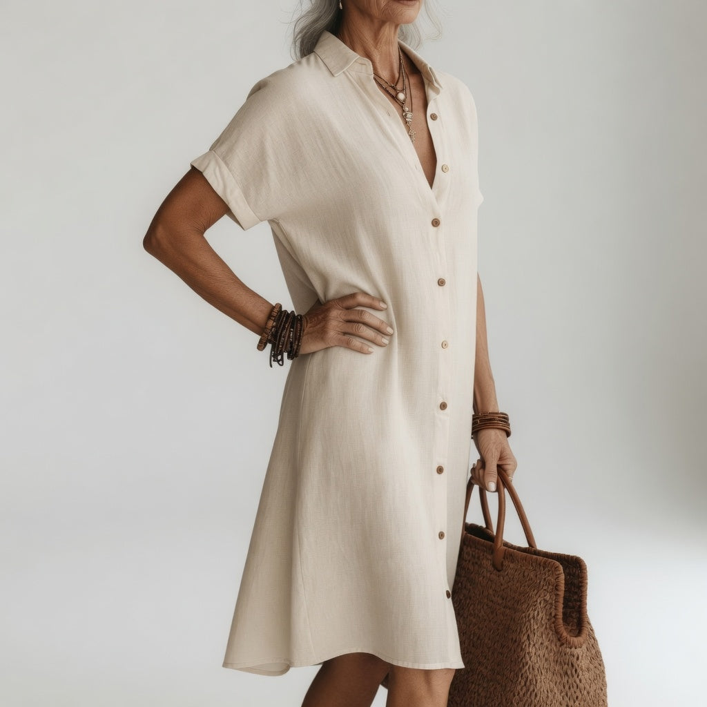 Évanélie™ — Åndbar premium skjortekjole i midilængde med parisisk look