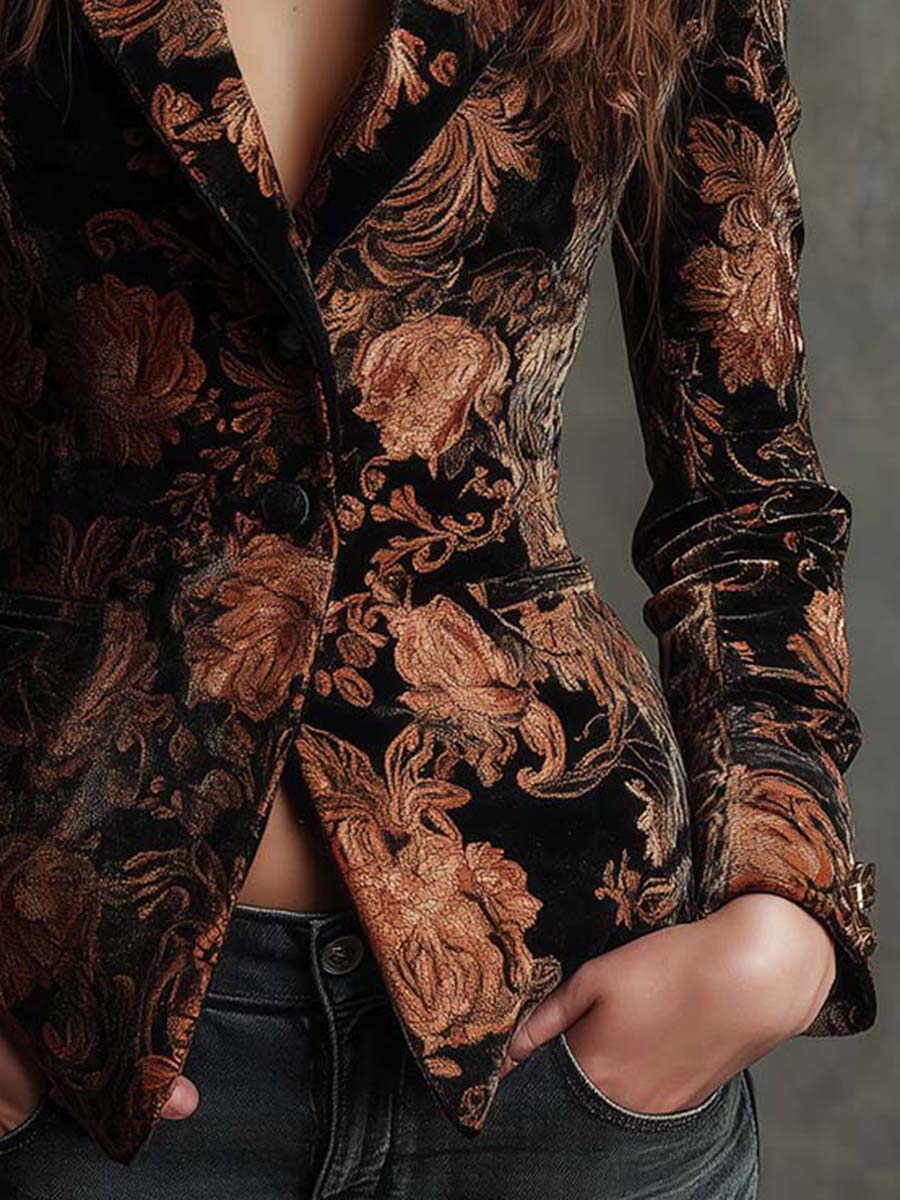 Bertille | Skræddersyet blazer med blomsterprint i sort og bronze