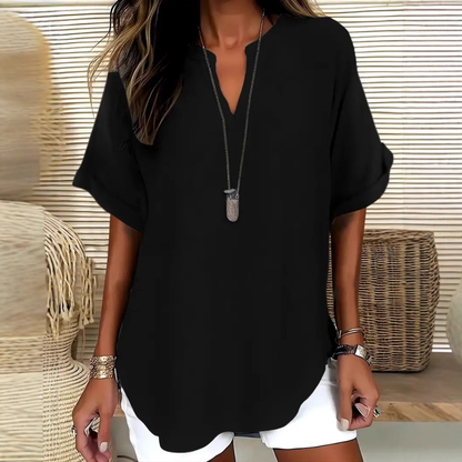 Émilie™ — Elegant flydende bluse med åben krave