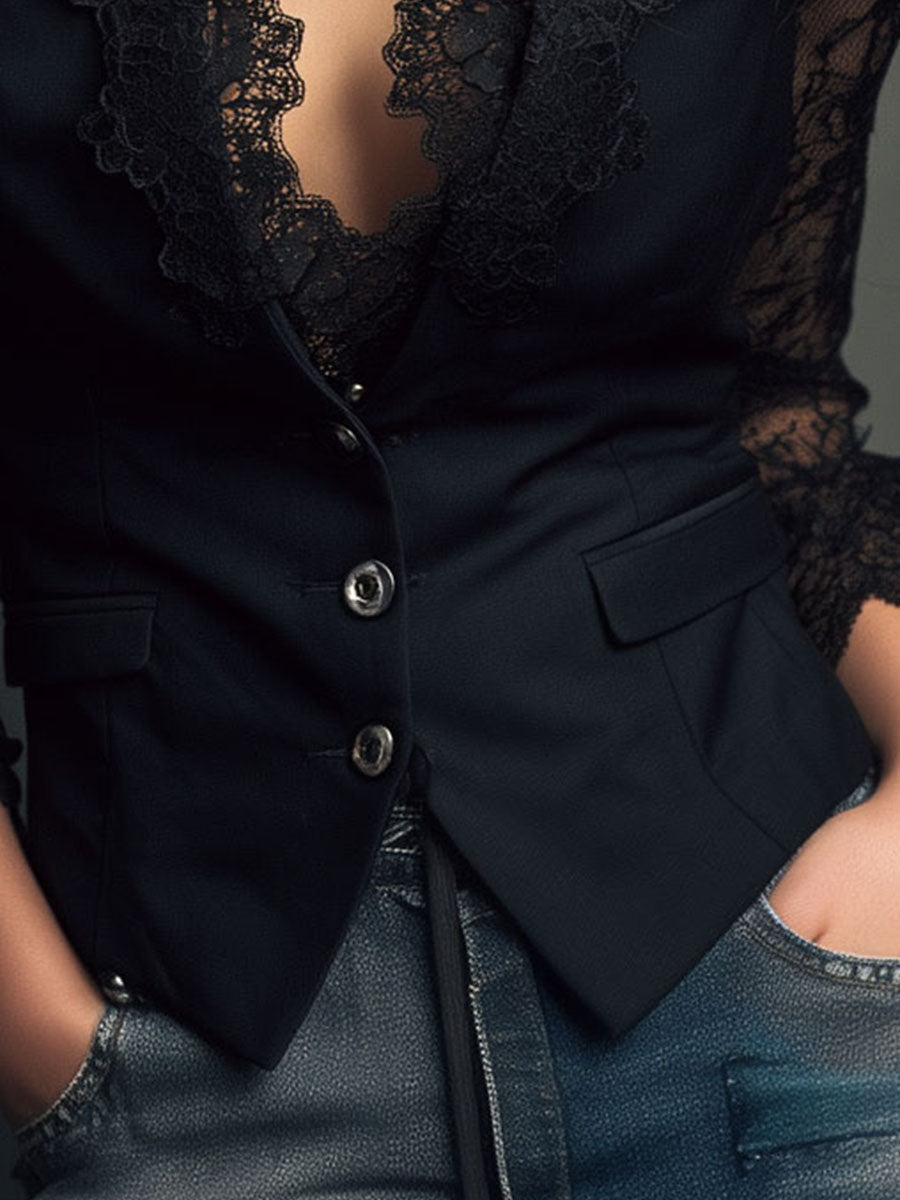 Noémie | Sort blazertop med semi-transparente ærmer
