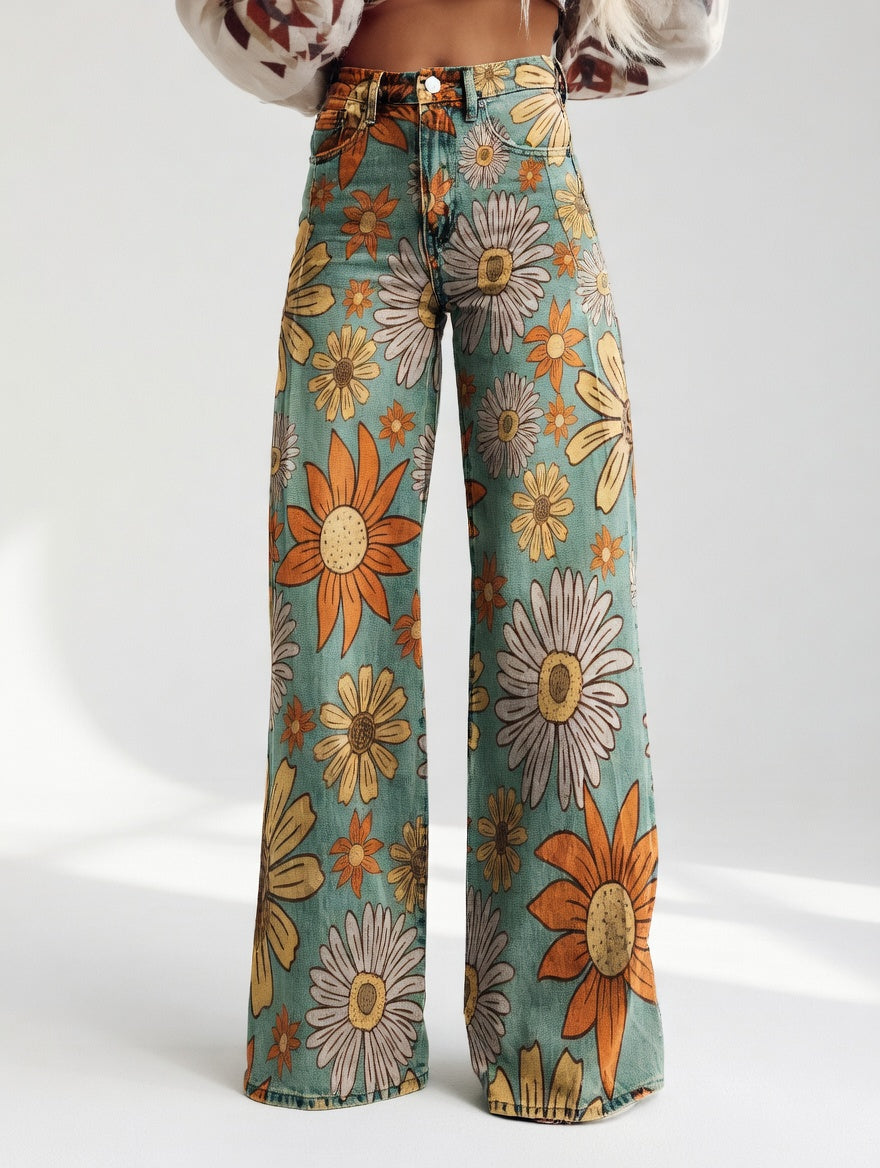 Florivane™ — Elegante retrobukser med vide ben og blomsterprint
